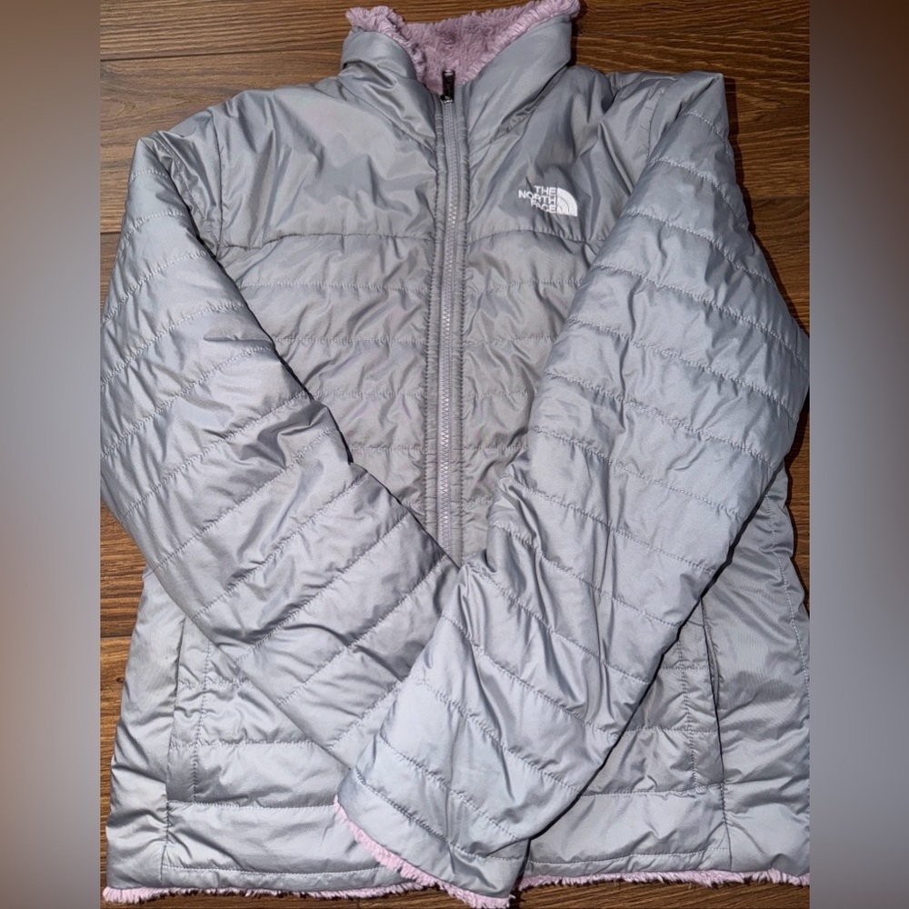 The North Face Mossmud Swirl reversible jacket gray and purple color